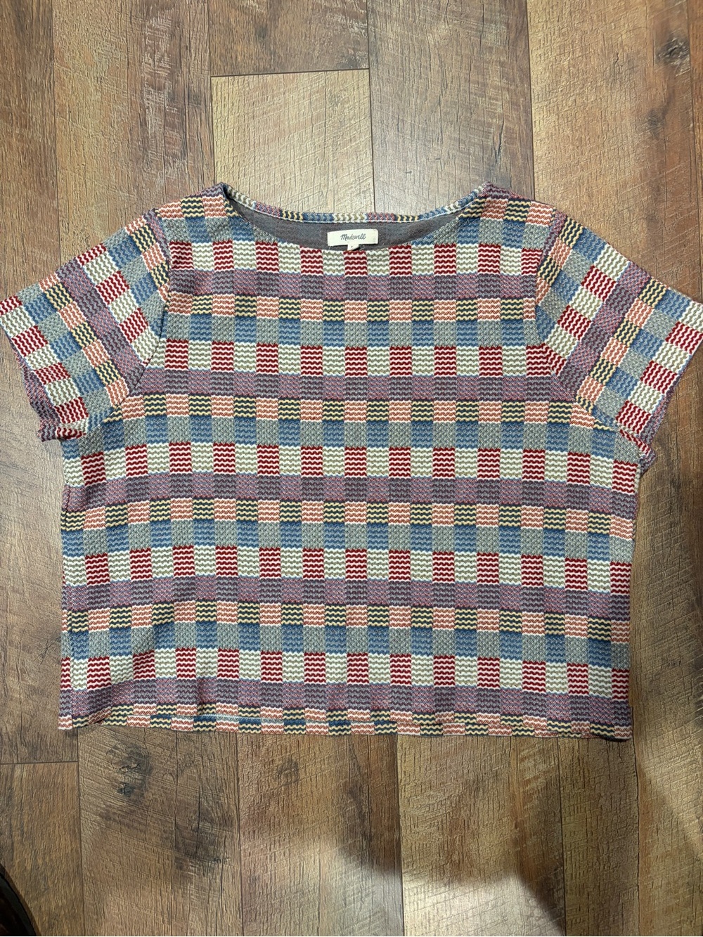 Madewell Checkered Multicolor Knit Crop Tee in Blue, Red, Pink, Cream